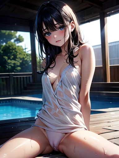 ((Wet skin, wet hair)), A thin tube top that gets wet and rolls up,((())),No makeup, High Resolution , professional photography, High Resolution ,Small breasts,,slim,  lie on your back on poolside,  Please open her legs and show her underwear , Fearful exp...