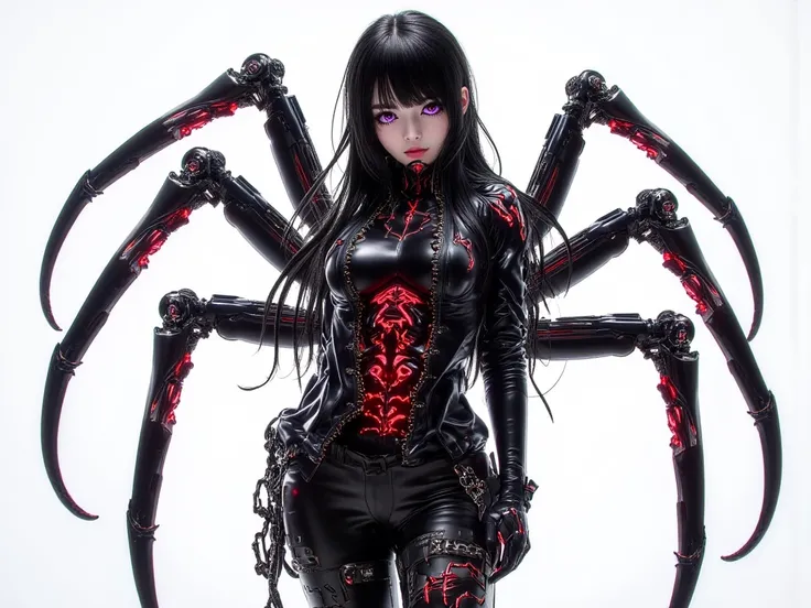   Draw an anime-like teenage girl ,  whose lower half is a spider body ,  with 6 spider-like eyes ,  but with a human characteristic  ,  long black hair and purple eyes  ,   clothing with more cutouts and the color palette of black and red .