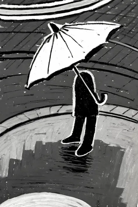  sad man with umbrella, body circle ,  thin arms and legs ,  black and white sketch ,  cartoon, Minimalism