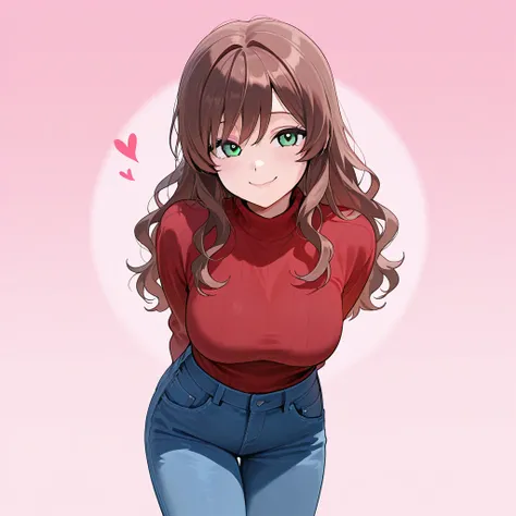 Brown Hair, Breasts, Green Eyes, Red Sweater, Sweet Smile, Heart, Long Hair, Wavy Hair, Solo, Jeans, Pink Backround, Hands Behind Back