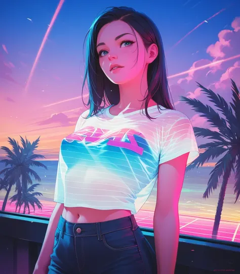  1 girl in the best,  colorful theme , Synthwave Sky,(最 high quality,  high quality,  high resolution),  is present,  more details,  Highly detailed facial features ,   is ridiculous,   is present lighting and reflections,  Highly detailed facial features ...