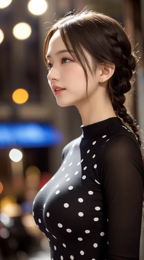  beautiful girl,  Very beautiful and detailed face ,  laugh shyly, Deep Valley), 、(彼女は big breastsをしている、( black polka dots )High neck ribbed knit T-shirt. black skinny pants 、Sideways to the viewer、:1.3), ( big breasts.), (Tight clothing),  Her hair is bra...