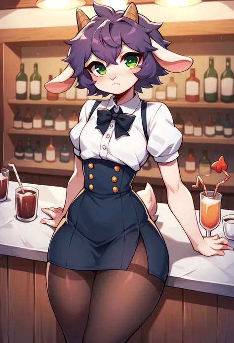 masterpiece, best quality, doremifaso64, adult баран, best quality , lamb ears , lamb horns , very detailed illustration , (Anthropomorphic guy:1,7), light skin , purple hair, green eyes, (19 years old) disheveled curvy hair , seductive look, ideal body, t...