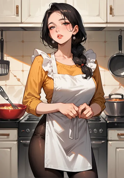 1girl, solo, mother, milf, mature female, perfect face, perfect lighting, parted lips, Black Hair, Straight Hair, Long hair tied in a low position, flirty, sexy pose, cooking apron, black pantyhose, kitchen, standing next to oven,