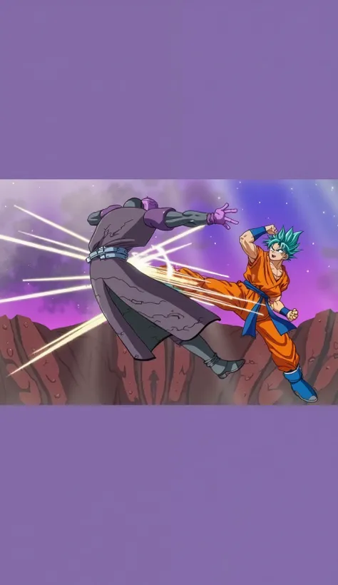  A cinematic fight scene featuring Son Goku and Hit . Goku, With extraordinary strength,  his standing, shimmering golden hair in the form of a Super Saiyan ,  as well as unparalleled fighting techniques ,  deliver powerful blows , jump ,  and dodged with ...