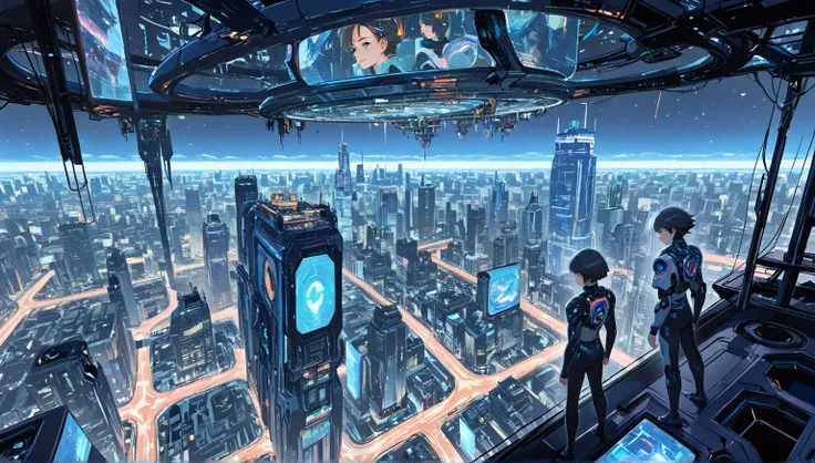  hyperdeveloped civilization ,  super complex artist's work , digital Illustration,  in the city of the 2200s ,  futuristic sci-fi anime,  panoramic view of the cityscape , , future cityscape  , shot from the sky  , Sky view