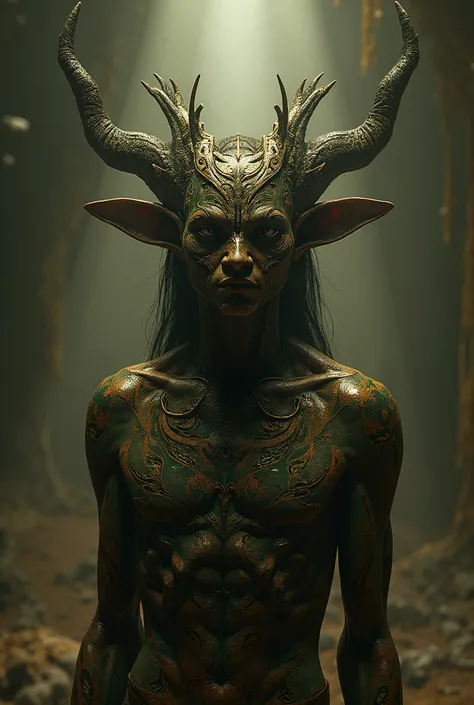 A hyper-realistic, highly detailed digital painting of an ancient Anunnaki humanoid figure, with an otherworldly and enigmatic expression, ornate headpiece, and intricate body markings, in a moody, dramatic lighting with deep shadows and highlights, rich c...