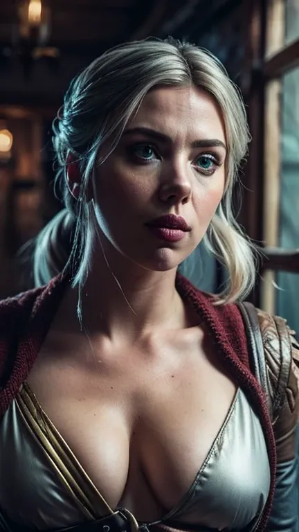 Scarlett Johansson Ciri from The Breast Witcher, background gray selfie 