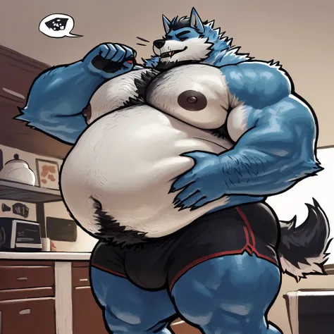 Freddy, wolf boi,（ Blue fur:1.2）,  strong muscles，Tall， Strong physique , Very powerful ,  Perfect Anatomy , masterpiece, Black Tail, Red Eyes,（ black jacket ：1.2），（ Black Shorts  :1.2）， shirtless, Unique,  Very well lit ,  from Zixiong ,  from Zixiong , B...