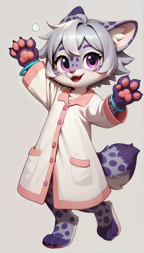 Anthropomorphic fox, female, female furry, flat chest, cub, loli, cute face, white coat (purple spots on the tips of the ears, tail and paws), violet eyes, short hair, lilac and white hair (gray hair, bicolor and messy), very cute pajamas, thin bracelets, ...