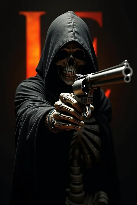 Death holding a revolver on a black background with the letters LFACK behind it, Death is sitting with the gun pointed at the ground and a cigarette in its mouth, smoke coming out of its eyes and mouth