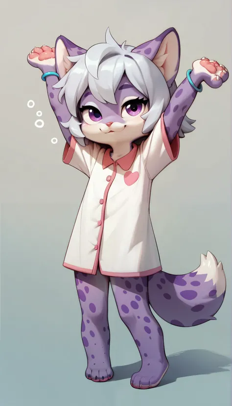 Anthropomorphic fox, female, female furry, flat chest, cub, loli, cute face, white coat (purple spots on the tips of the ears, tail and paws), violet eyes, short hair, lilac and white hair (gray hair, bicolor and messy), very cute pajamas, thin bracelets, ...