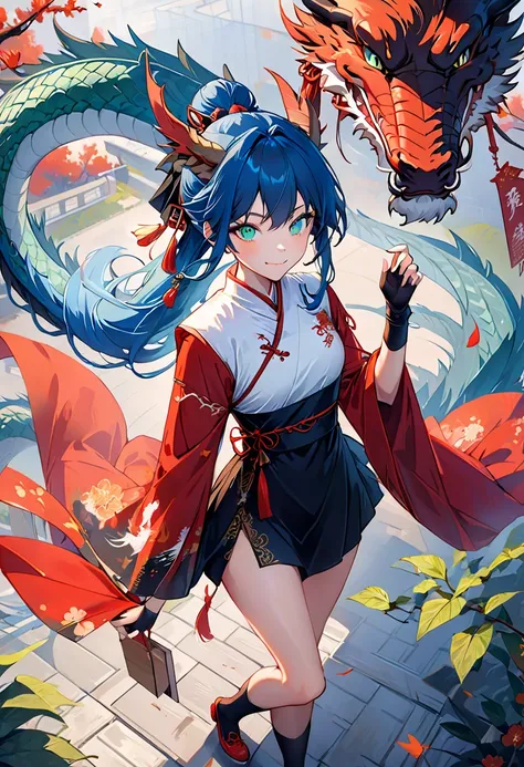 dragon girl, china dress, dragon, bluehair, smile, beautiful, girl, longhair, cute, Eerie and bewitching dragon goddess, jyojifuiu, china dres, animal ears blue hair multicolored hair ponytail green eyes china dress fingerless gloves wide sleeves long slee...