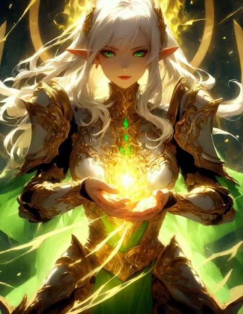 A female blood elf paladin standing confidently, with flowing white hair, wearing intricately detailed plate armor adorned with golden and silver accents, featuring elegant engravings and glowing elements. Her hands are positioned naturally with the correc...