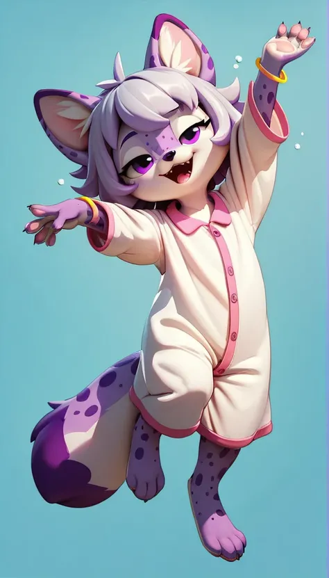 Anthropomorphic fox, female, female furry, flat chest, cub, loli, cute face, white coat (purple spots on the tips of the ears, tail and paws), violet eyes, short hair, lilac and white hair (gray hair, bicolor and messy), very cute pajamas, thin bracelets, ...