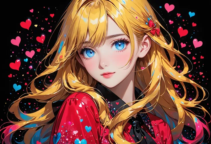 Girl with long shiny dark yellow hair and bright blue eyes in pitch dark and black background with red hearts and pink glitter, upper body, wearing a long shiny red shirt