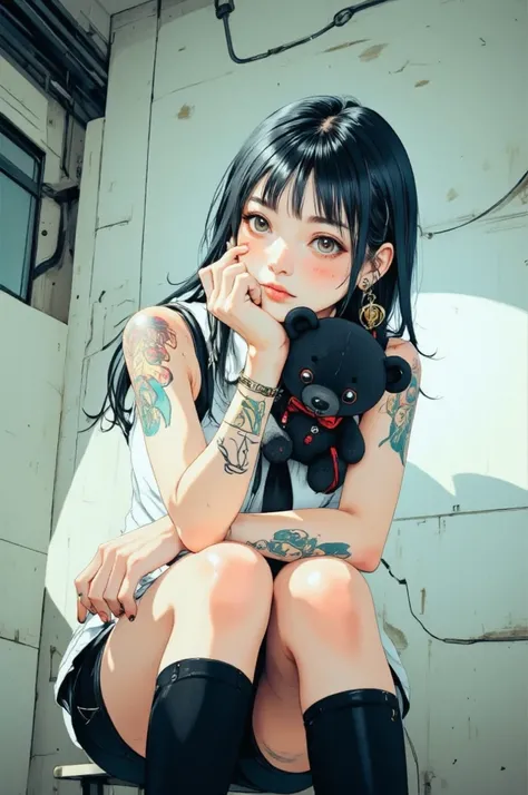  manga style:1.51,   anatomically accurate :1.5,   close-up of a young woman with tattoos on her arm and left cheek,  眉に届くほどの長い black hair ,   Light Eyes ,   surrealist pop  ,   looking at the camera  ,    Japanese surrealism pop   ,   be careful with long...