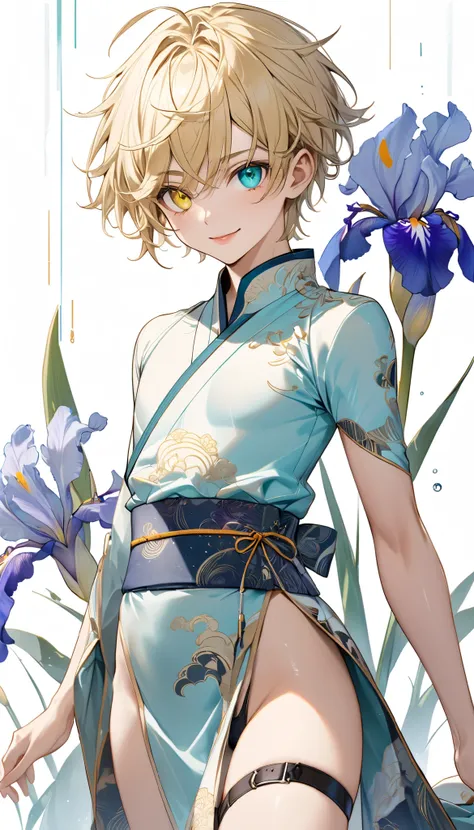  fresh illustration ,
Superfine painting,
 very delicate illustration ,
 Very fine details ,
1boy ,
(( standing))
Alone,
Height: 158cm,
Beige Skin,
Cheeks are ruddy,
((The iris on the left is medium aquamarine and the iris on the right is yellow ))
((Compl...