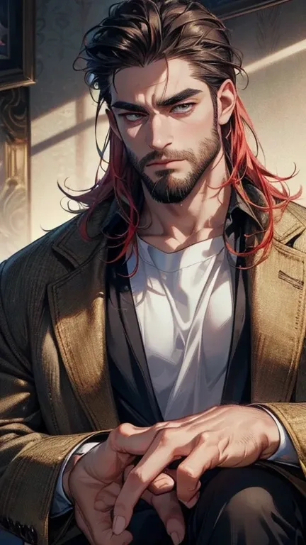 (    best quality,4K,8k,    highres,    masterpiece  :1.2),    ultra-detailed   ,(realistic,photorealistic,photo-realistic:1.37),36-year-old man,3 day beard,Beautiful anime,Portraits,strong,Masculine,    with dark hair  ,sharp jaw,       mesmerizing eyes  ...