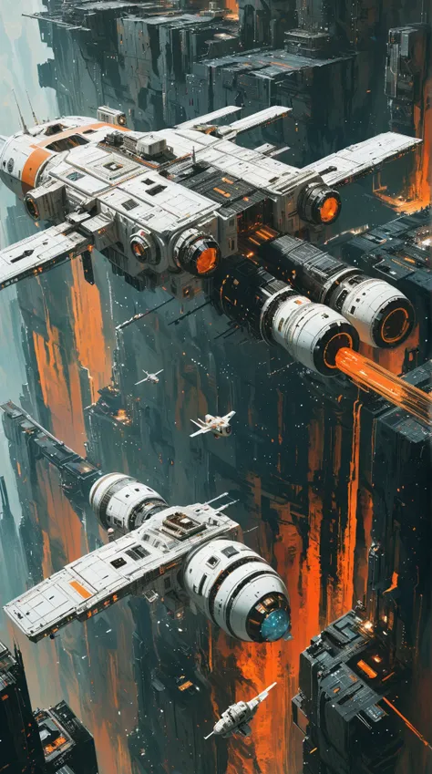 A small white orange spaceship floats next to an enormous space station in the middle of the deep sky, in the style of John Berkey, retrofuturism, space opera, science fiction.