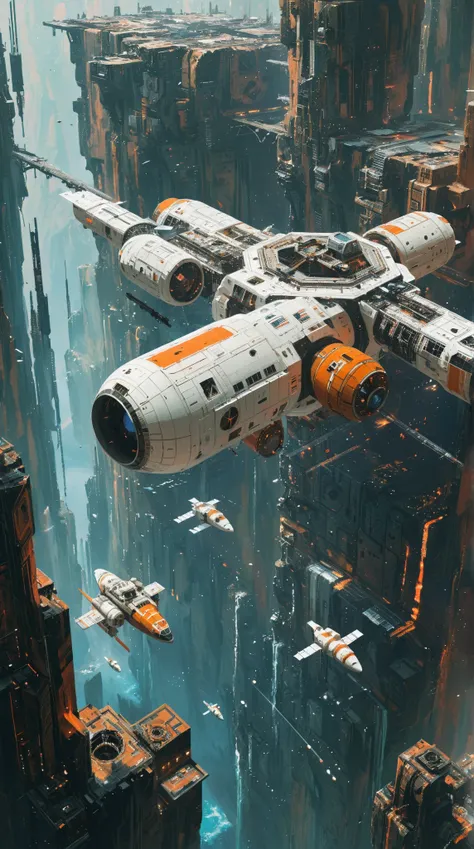 A small white orange spaceship floats next to an enormous space station in the middle of the deep sky, in the style of John Berkey, retrofuturism, space opera, science fiction.