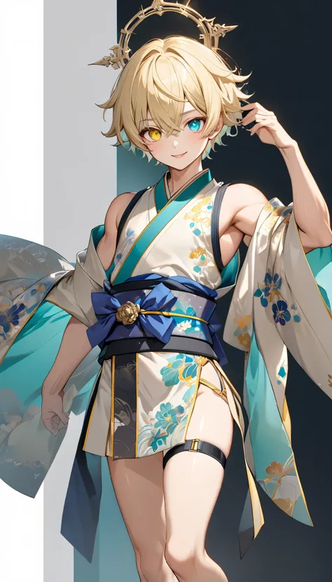 fresh illustration ,
Superfine painting,
very delicate illustration ,
Very fine details ,
1boy ,
(( standing))
Alone,
Height: 158cm,
Beige Skin,
Cheeks are ruddy,
((The iris on the left is medium aquamarine and the iris on the right is yellow ))
((Compl...