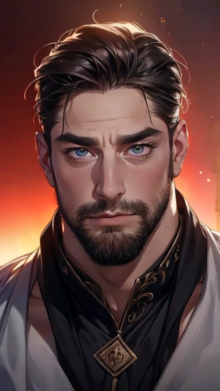 (   best quality,4K,8k,   highres,   masterpiece :1.2),   ultra-detailed   ,(realistic,photorealistic,photo-realistic:1.37),36-year-old man,3 day beard,Beautiful anime,Portraits,strong,Masculine,   with dark hair  ,sharp jaw,     mesmerizing eyes     ,   p...