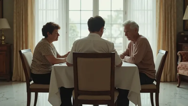 a 30-year-old man sitting on a chair in a dining room, At his side are his mother and his parents, who have been fighting with him for around 60 years. dining room environment , clear environment,  white marble floor . Real photo,  ultra HD resolution, Rea...