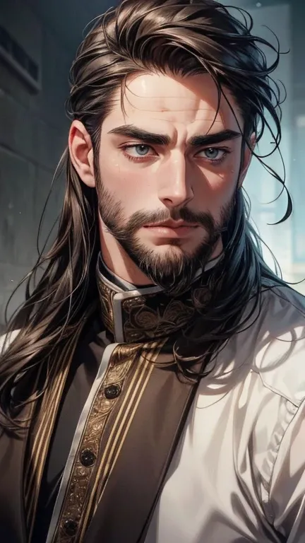 (    best quality,4K,8k,    highres,    masterpiece  :1.2),    ultra-detailed   ,(realistic,photorealistic,photo-realistic:1.37),36-year-old man,3 day beard,Beautiful anime,Portraits,strong,Masculine,    with dark hair  ,sharp jaw,       mesmerizing eyes  ...