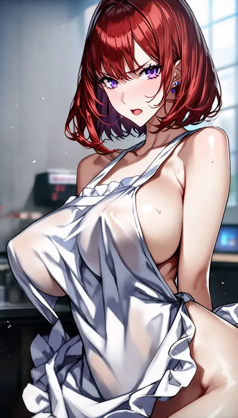 solo focus 、(She's training:1.2)　、(( at the top、Lust、Vulgar expression、Embarrassed))　、( naked apron)  、stud earrings、  (( Big Breasts :1.1))    、 red hair 、 long eyelashes 　　、 ( purple eyes　)、( short hair　)、( bob cut:1.2) 　、(caught bangs)、Delicate depictio...