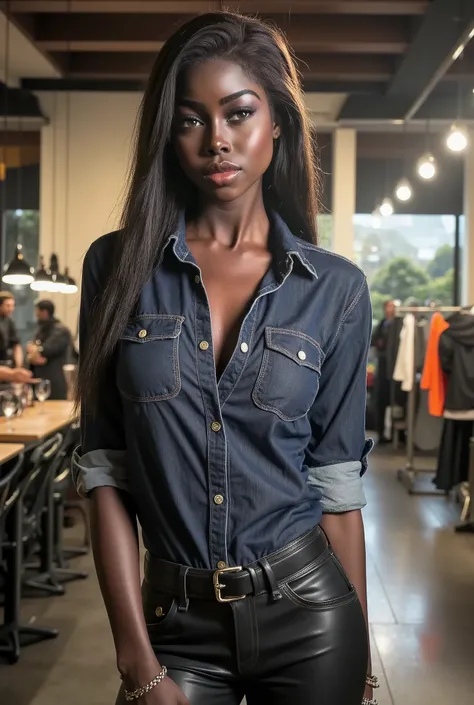 ebony woman in a dark blue denim bust pockets shirt tucked tightly into her black leather pants. She poses in a photo studio. No cleavage. Long dark hair. The lights are towards her. It's very realistic. Portrait photo. beautiful eyes, perfect quality, 8k,...