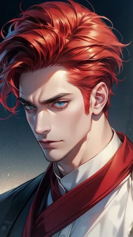 (   best quality,4K,8k,   highres,   masterpiece :1.2),   ultra-detailed   ,(realistic,photorealistic,photo-realistic:1.37),36-year-old man,3 day beard,Beautiful anime,Portraits,strong,Masculine,   with dark red hair  ,sharp jaw,     mesmerizing eyes     ,...