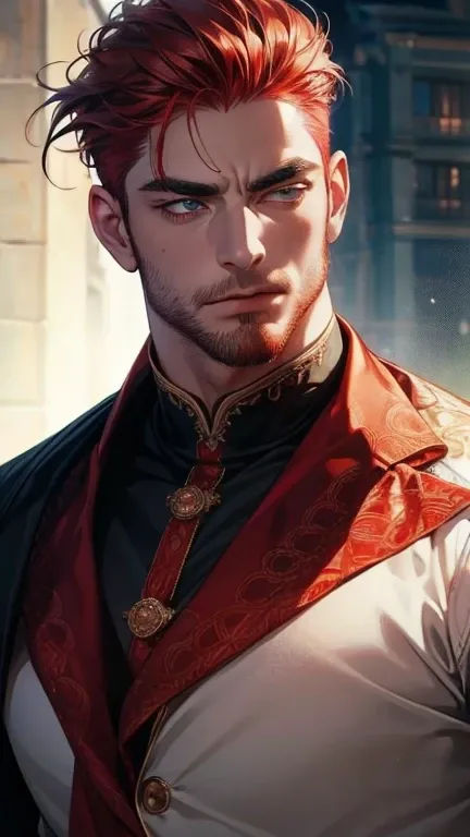 (   best quality,4K,8k,   highres,   masterpiece :1.2),   ultra-detailed   ,(realistic,photorealistic,photo-realistic:1.37),36-year-old man,3 day beard,Beautiful anime,Portraits,strong,Masculine,   with dark red hair  ,sharp jaw,     mesmerizing eyes     ,...