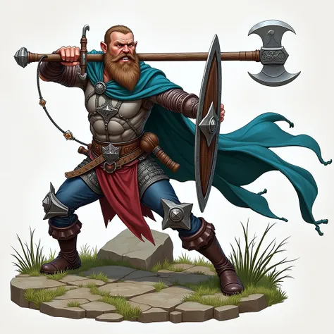 Create a detailed concept art designe for a Game like baldurs gate. hig cuality imagen , the character is a dwarf and he´s primary weapon is an axe and a shield. The carácter is showing full body , he is in atack side posicion, white botom, full hd cuality