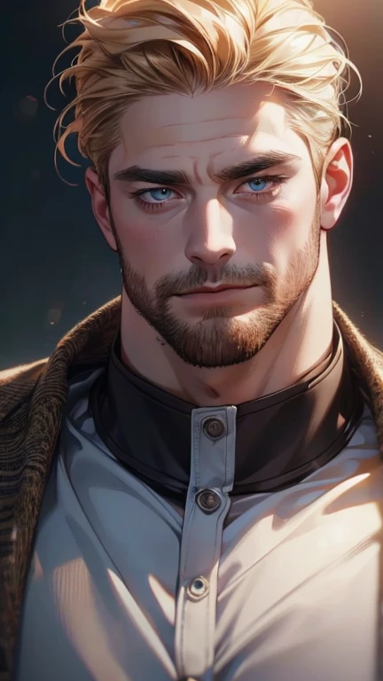 (   best quality,4K,8k,   highres,   masterpiece :1.2),   ultra-detailed   ,(realistic,photorealistic,photo-realistic:1.37),36-year-old man,3 day beard,Beautiful anime,Portraits,strong,Masculine,   with dark blond hair  ,sharp jaw,     mesmerizing eyes    ...