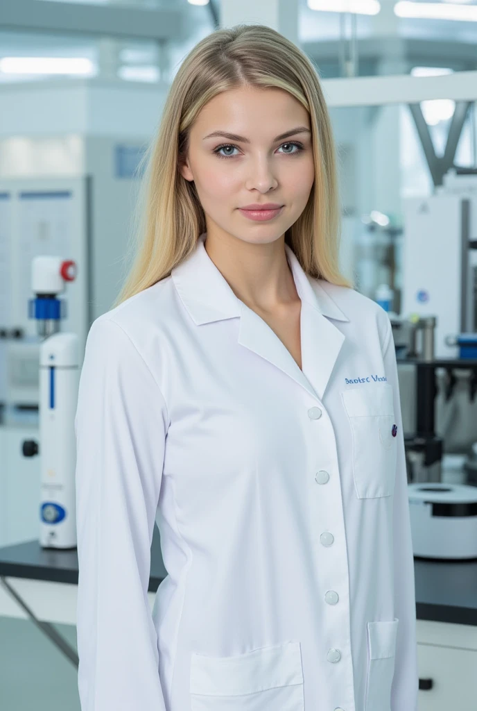   young woman  , blonde,   with blue eyes , In medical lab coat in 4K