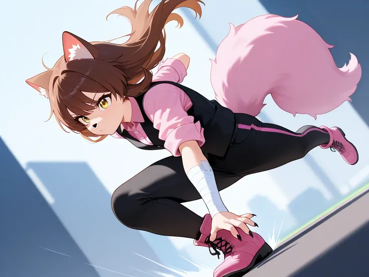 Cat girl, brown long hair, young, black vest, pink button up shirt, young girl, scrawny, cat ears, cat nose, yellow eyes, black claws on fingers, rolled up sleeves, bandages on arms from hands to elbows, bandaged wrists, black pants, calf high pink boots, ...