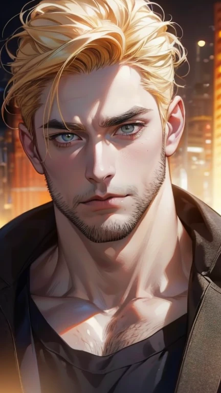 (   best quality,4K,8k,   highres,   masterpiece :1.2),   ultra-detailed   ,(realistic,photorealistic,photo-realistic:1.37),36-year-old man,3 day beard,Beautiful anime,Portraits,strong,Masculine,   with dark yellow hair  ,sharp jaw,     mesmerizing eyes   ...