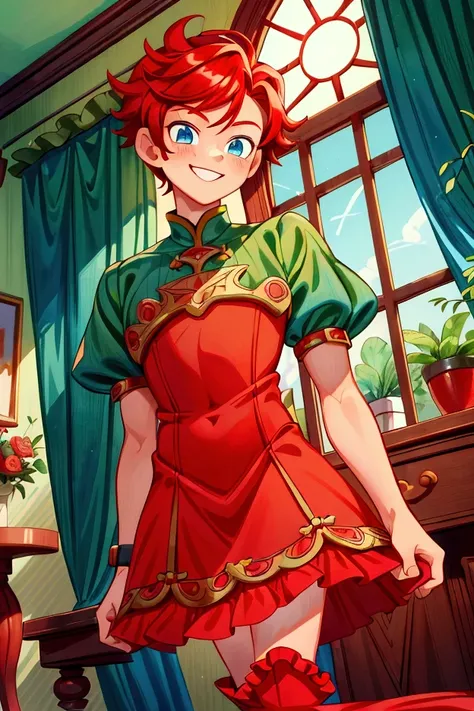 (masterpiece, best quality)  Boy, standing, indoor, intricate detail, sunlight, dark green frill dress, red boots, red hair, smile face, blue eyes, smiley and sexy expression, gorgeous teen body, long legs.