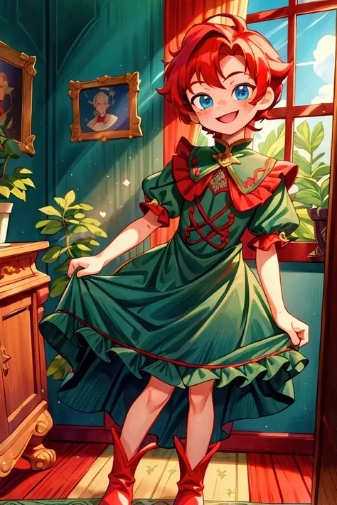 (masterpiece, best quality)  Boy, standing, indoor, intricate detail, sunlight, dark green frill dress, red boots, red hair, smile face, blue eyes, smiley and sexy expression, gorgeous teen body, long legs.