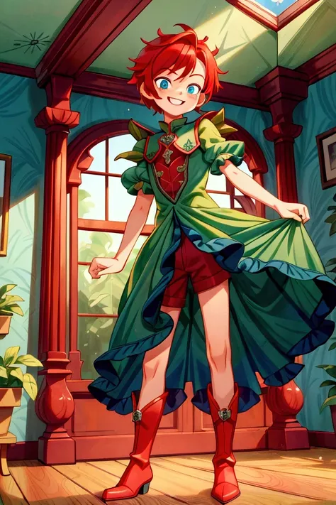 (masterpiece, best quality)  Boy, standing, indoor, intricate detail, sunlight, dark green frill dress, red boots, red hair, smile face, blue eyes, smiley and sexy expression, gorgeous teen body, long legs.