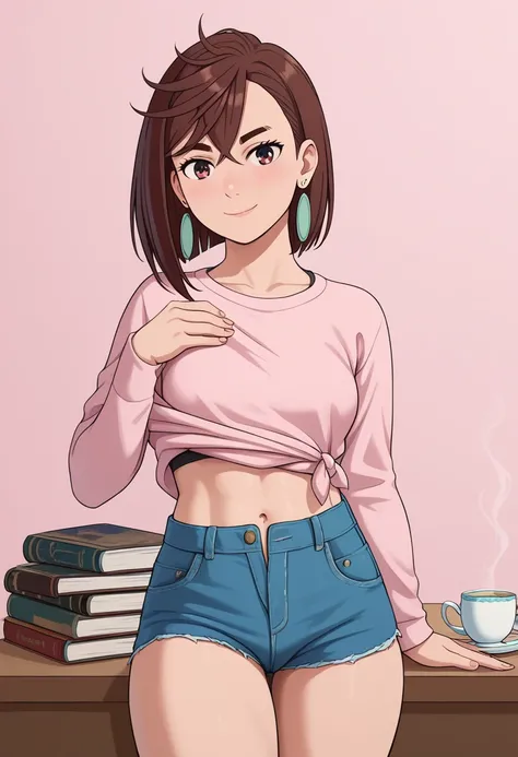 Ayase Momo,  short hair,  tea hair,  brown eyes, bangs,  thick eyebrows,  medium boobs, masterpiece, ( cowboy shooting), pink bedroom background, bedroom,  bangs, midriff,  denim hot pants ,  open fly , Gal clothes,  thighs,  light blush ,  bewitching smil...