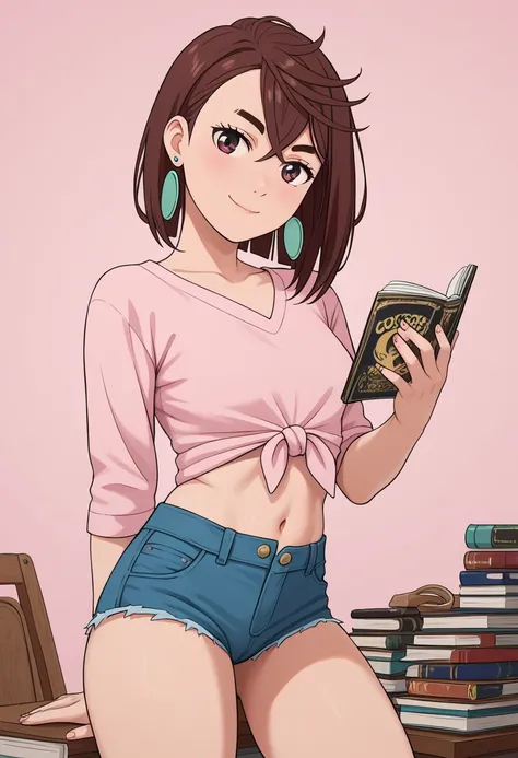 Ayase Momo,  short hair,  tea hair,  brown eyes, bangs,  thick eyebrows,  medium boobs, masterpiece, ( cowboy shooting), pink bedroom background, bedroom,  bangs, midriff,  denim hot pants ,  open fly , Gal clothes,  thighs,  light blush ,  bewitching smil...