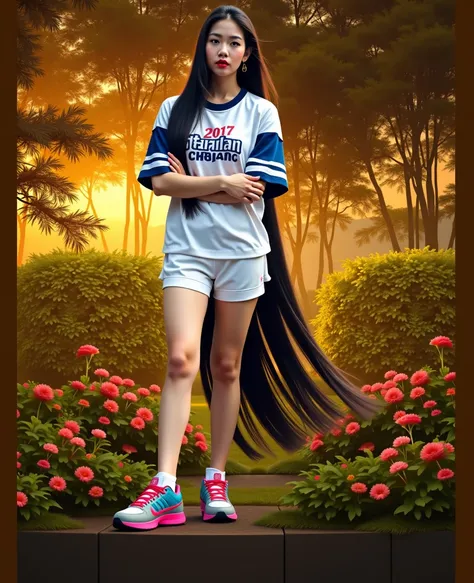  Best mobile phone wallpaper Award-winning wallpaper portrait photography Front view is portrait, whole photo ,  Southwest Asian girl with round face ,Age 25 years,  White sports shirt with bright dark blue print with graphic print, "Butaphuang 90s," , Wea...