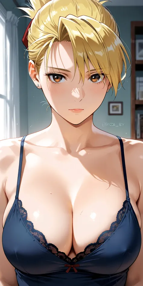 Masterpiece, mature woman, riza hawkeye, slim, upper body,camisole, ultra detailed, highres, absurdres, home, portrait, semi realistic 