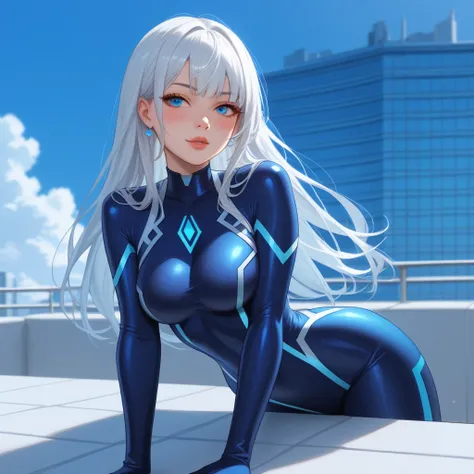 1girl, Solo, Long Hair, Breasts,  Blush, Glossy Lips, Ice Blue Eyes, Cute Pretty Face, Long White Hair, Bangs, Hero Suit, Simple background, Sitting on roof, High Resolution, Anatomically Correct, Accurate, HD, High Quality, kittew artist style