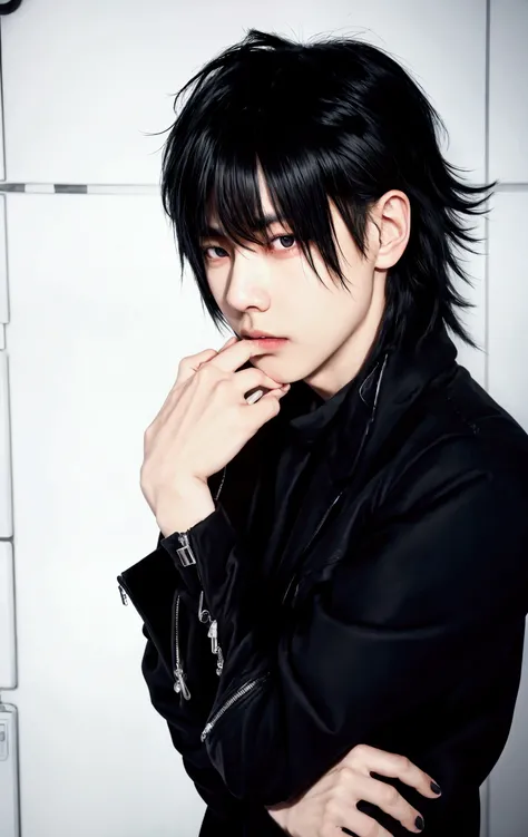 a close up of a person with a black jacket and a hand on his chin, sui ishida with black hair, handsome japanese demon boy, l vampire, ayami koj ima, takeyuki kanda, yuuki hagure, ikuto yamashita, tsurumaki kazuya, tetsuya nomura