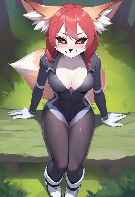 score_9, score_8_up, score_7_up, score_6_up, BREAK, KimikoFiveTailsFPXL, anthro furry, furry female, body fur, white fur, facial mark, black sclera, pink eyes, red hair, medium hair, animal ears, animal ear fluff, medium breasts, white tail, fox tail, blac...