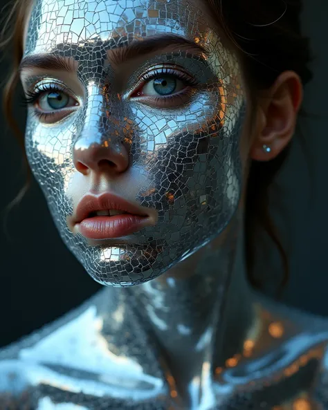 Create a hyper-realistic and fantastical portrait of a human made of Mirrors as a DJ, everything is made off many mirros, woman 25 to 30 year, blending elements of beauty and surrealism. The face should have intricate details, body and face made off mirror...