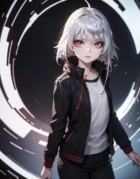 a beautiful girl with long silver-white hair, red eyes, wearing a black jacket, short black pants, and a white t-shirt, looking at the viewer, in a void space-time background, 8k, extremely detailed, anime style, photorealistic